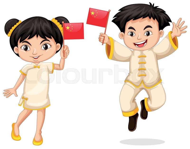 Happy boy and girl holding flag of China illustration, vector