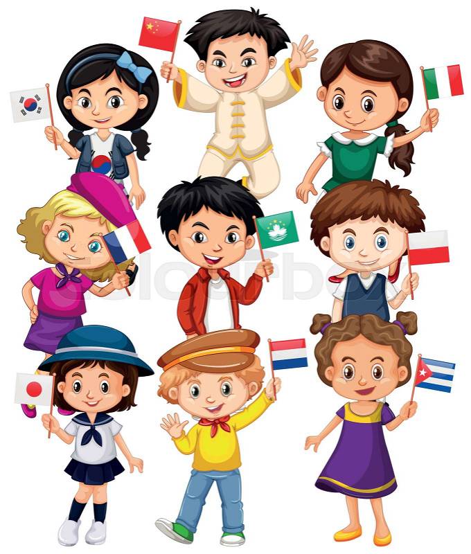 Many kids holding flag from different countries illustration, vector