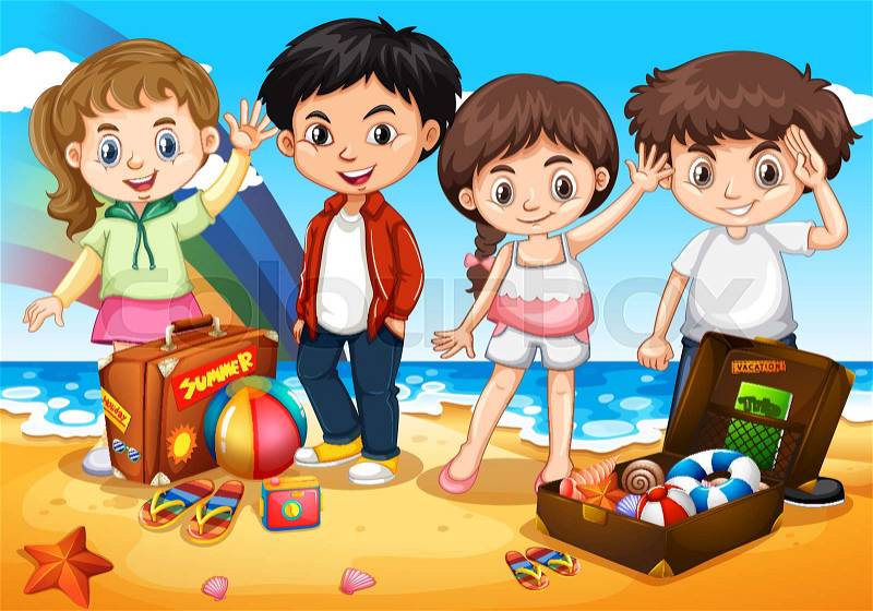 Happy children on the beach illustration, vector