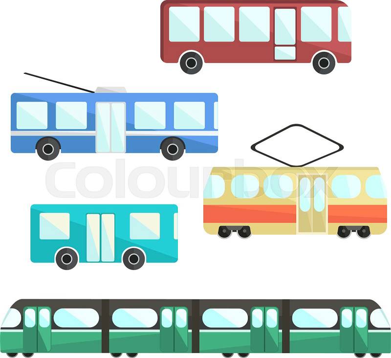 Flat colorful vector public transport set, public service vehicle, municipal mass transport, vector