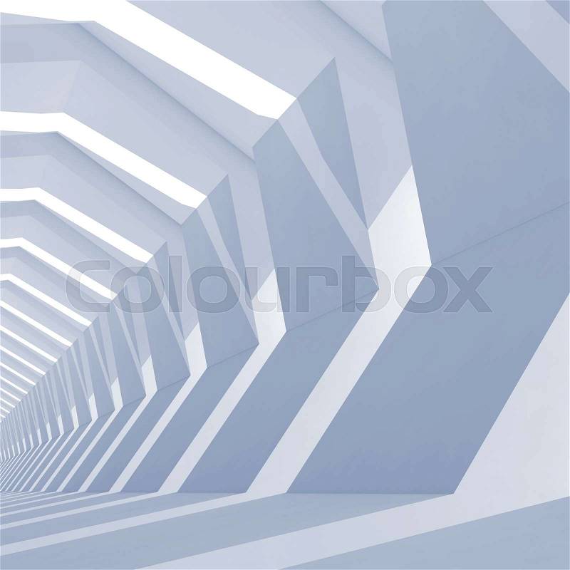 Abstract blue toned square cg background with empty tunnel interior perspective, 3d illustration, stock photo