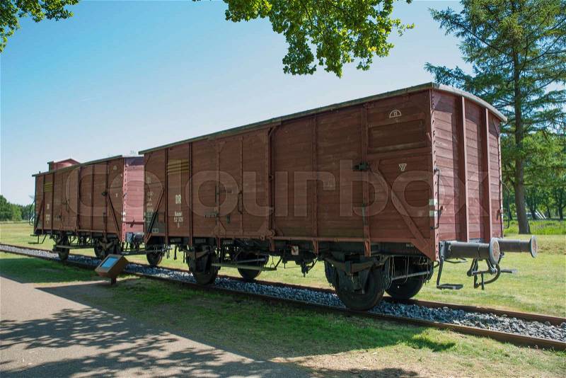 Cargo Train Cars in Westerbork Transit Camp in Holland, stock photo