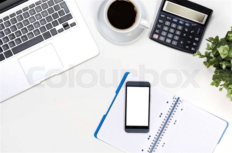 Office desk table with laptop, office supplies top view website background concept, stock photo