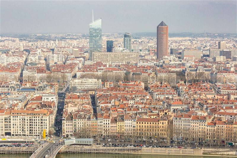 Aerial view of Lyon France from Notre Dame de Fourviere, stock photo