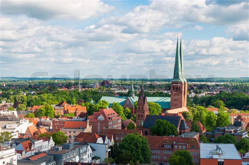 Aerial view of the German city of Lubeck and the Cathedral, stock photo