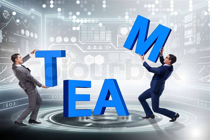 Teamwork concept with businessman putting letters, stock photo
