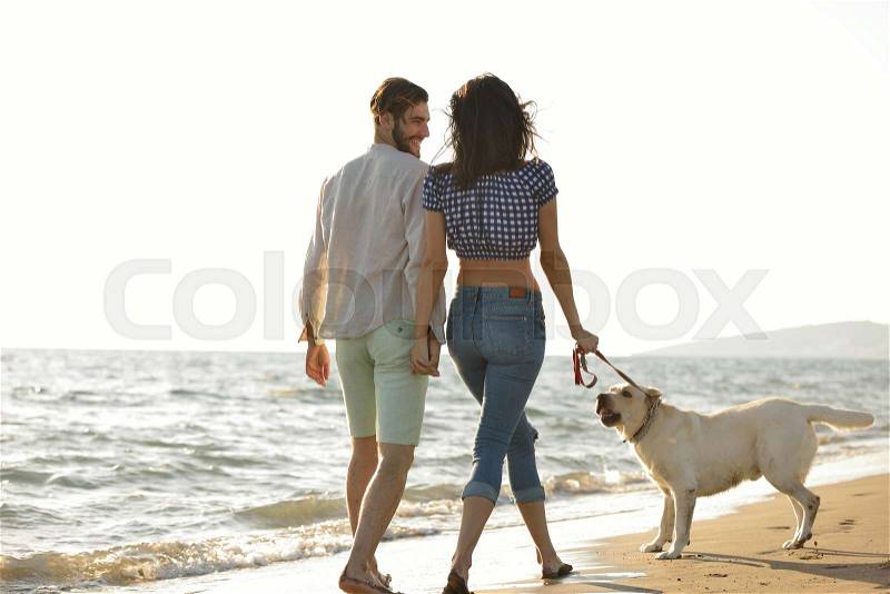 Two young people running on the beach kissing and holding tight with dog, stock photo