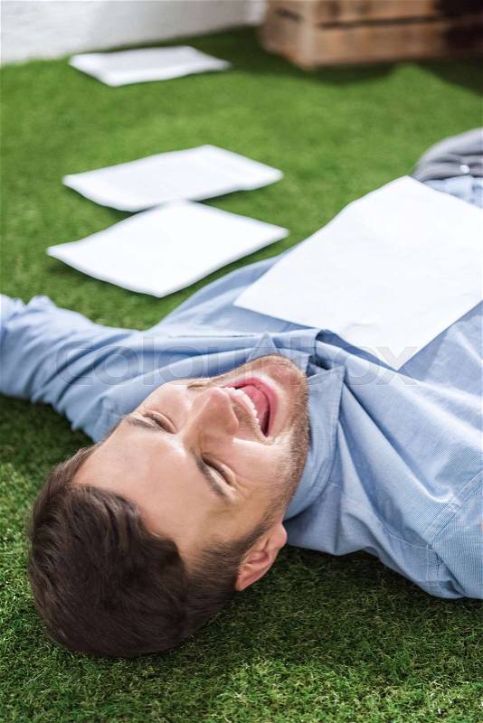 Side view of smiling businessman lying on grass with documents, business establishment concept, stock photo