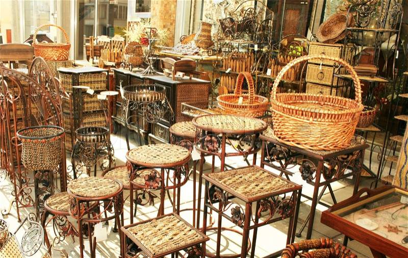 Decorative bamboo furniture outdoor shop in Cyprus, stock photo