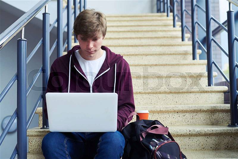 Mid shot of serious male printing in laptop while sitting on stairs with copy space, stock photo