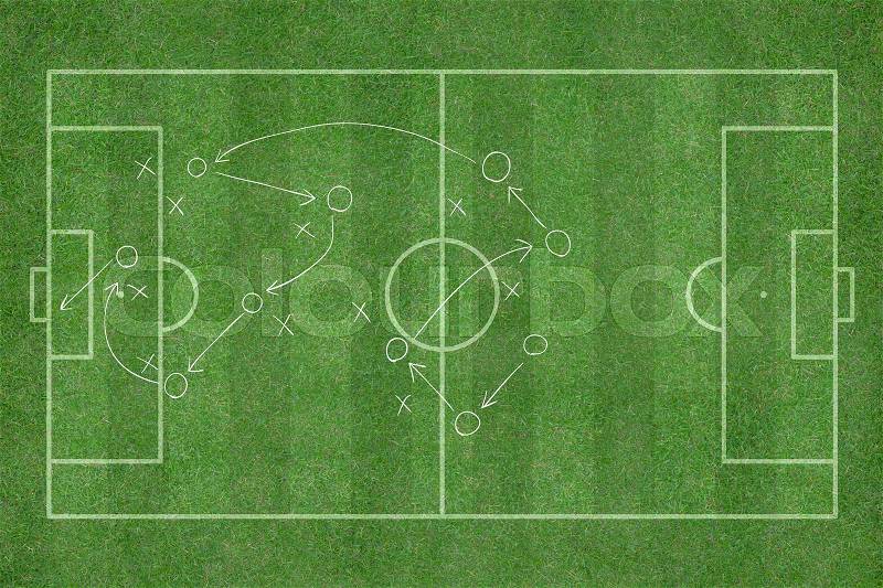 Green grass texture background of soccer field top view drawing a soccer game strategy, stock photo