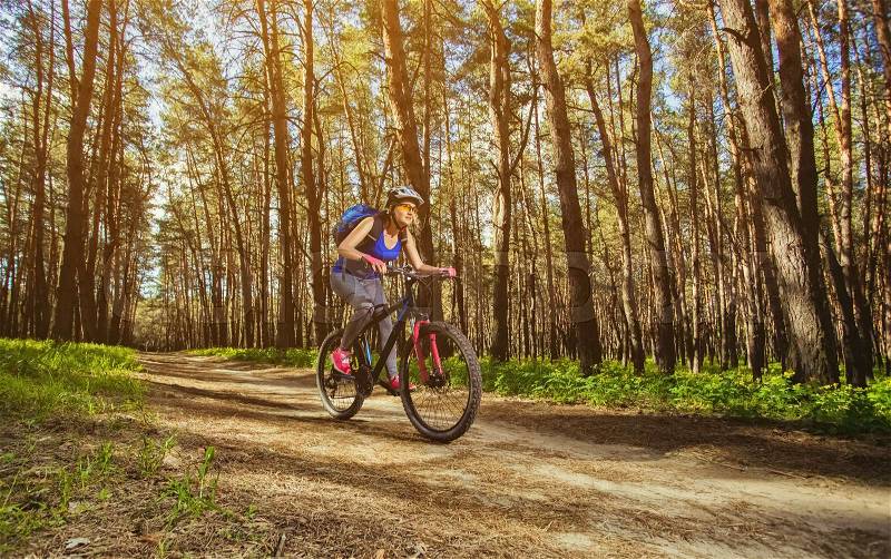 One young woman - cyclist in a helmet riding a mountain bike outside the city, on the road in a pine forest on a summer day, stock photo