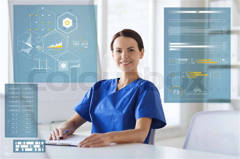 Medicine, healthcare, technology and people concept - happy female doctor or nurse with clipboard at hospital, stock photo