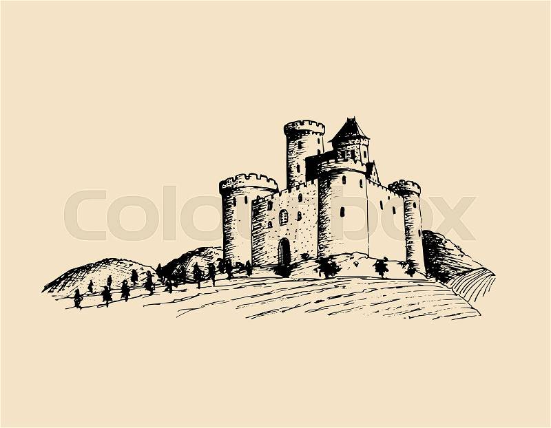 Vector old castle illustration. Gothic fortress background. Hand drawn sketch of landscape with ancient tower among rural fields and hills, vector