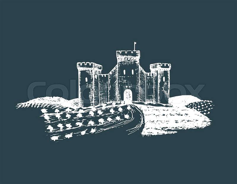 Vector old castle illustration. Gothic fortress background. Hand drawn sketch of landscape with ancient tower among rural fields and hills, vector