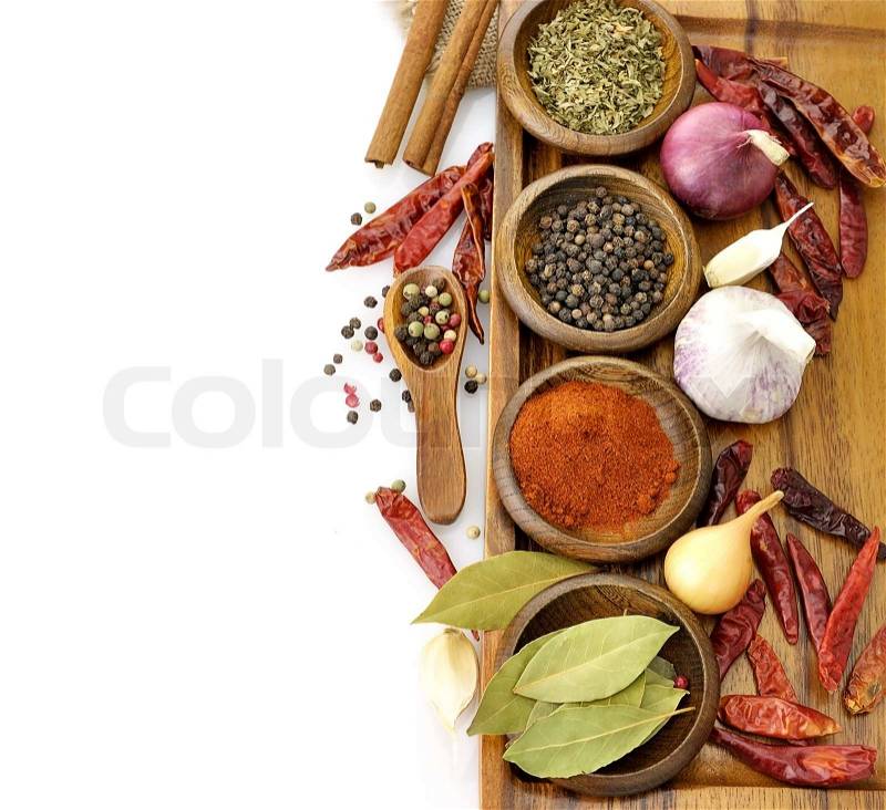Spices Assortment On A Cutting Board, Top View, stock photo