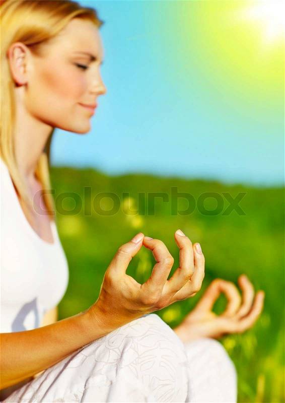 Yoga meditation outdoor, healthy female in peace, soul and mind zen balance concept, stock photo