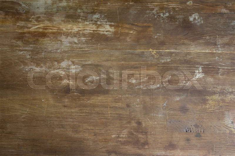 Top view of old shabby wooden tabletop background, stock photo