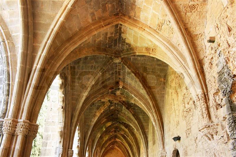 Historic Bellapais Abbey in Kyrenia, Northern CyprusOriginal construction was built between 1198-1205, it is the most beautiful Gothic building in the Near East, stock photo