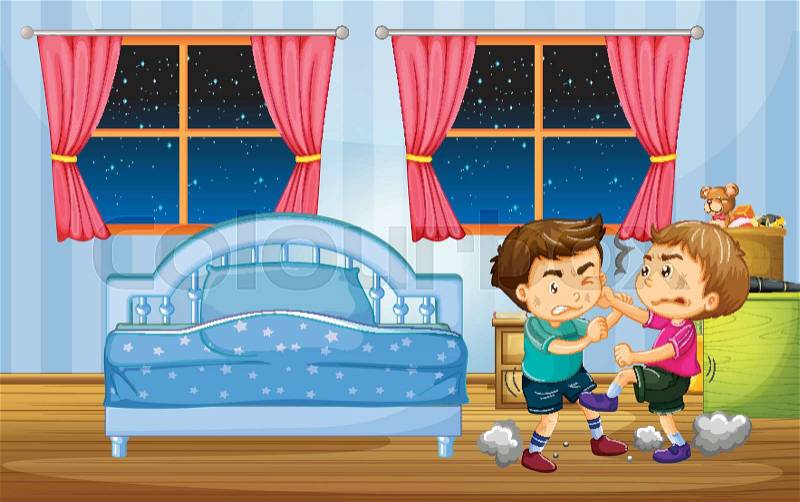 Little boys fighting in bedroom illustration, vector