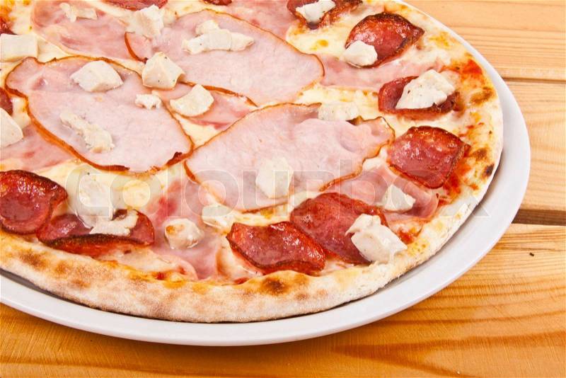 Pepper and meat pizza, stock photo