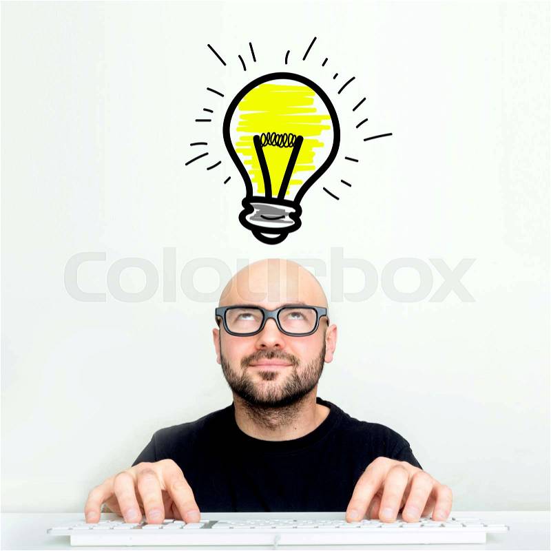Portrait of a businessman searching good idea with bulb lamp over his head - Imagination concept, stock photo
