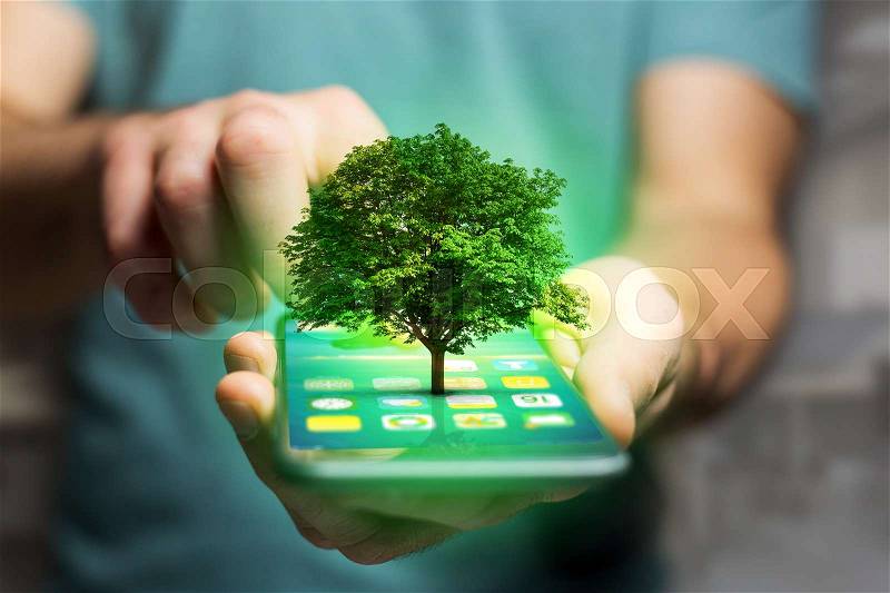 View of a Green tree going out of a smartphone - Ecology concept, stock photo