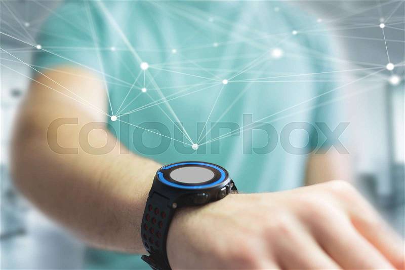View of a Hand holding smartwatch with operating system screen and network connection , stock photo