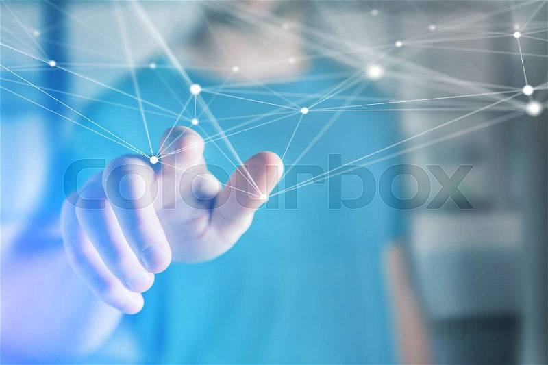 View of a Hand touchnig an operating system screen and network connection , stock photo