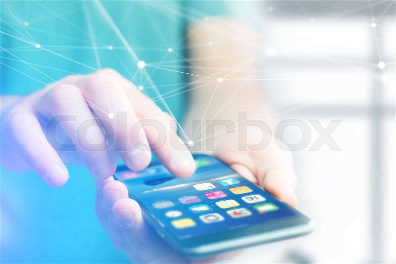 View of a Hand holding smartphone with operating system screen and network connection , stock photo