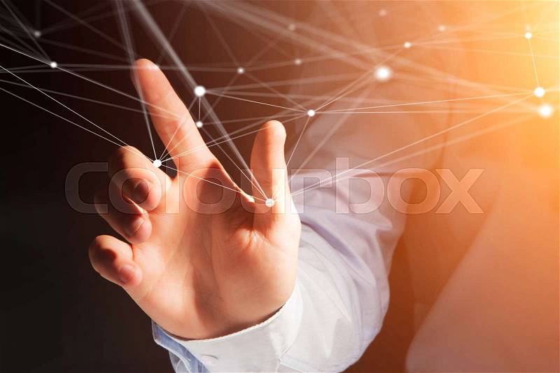 View of a Hand touchnig an operating system screen and network connection , stock photo