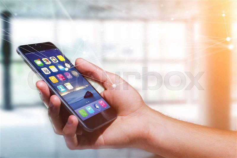 View of a Hand holding smartphone with operating system screen and network connection , stock photo