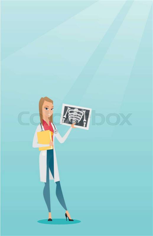 Caucasian doctor in a medical gown examining a radiograph. Young smiling doctor looking at a chest radiograph. Doctor observing a skeleton radiograph. Vector flat design illustration. Vertical layout, vector