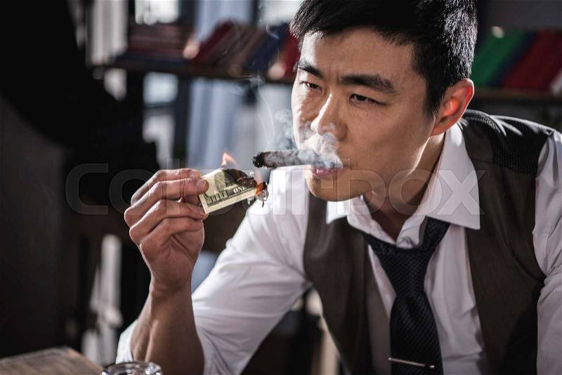 Portrait of confident businessman smoking cigar with money in hand, stock photo