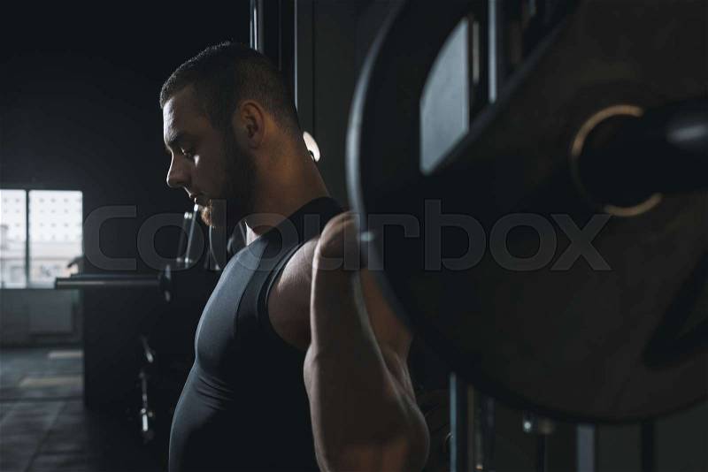 Concentrated muscular sportsman training with barbell in sports center, stock photo