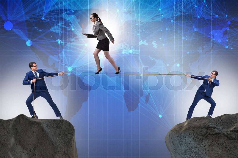 Business concept with tight rope walker, stock photo