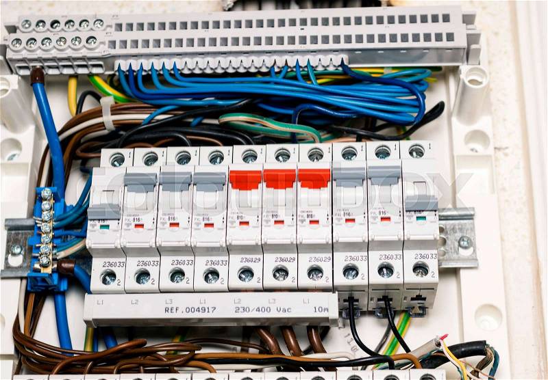 Fusebox with many fuses to protect electrical circuits, stock photo