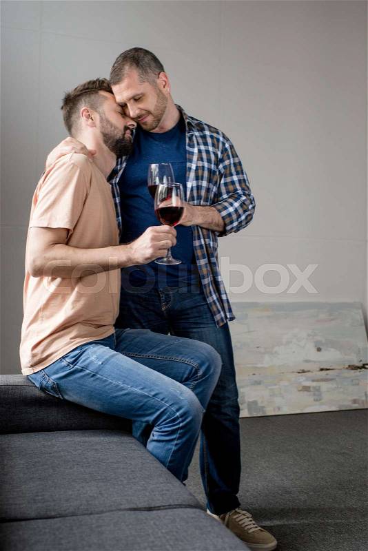 Casual homosexual couple hugging and drinking wine at home, stock photo