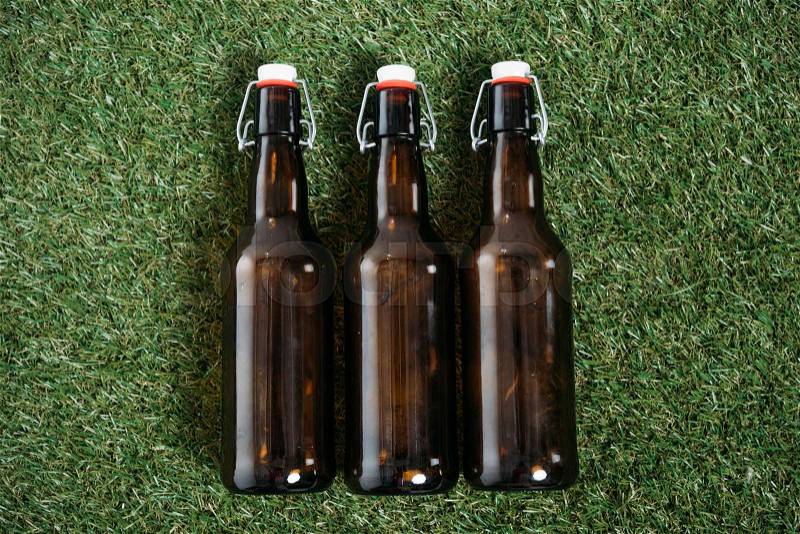 Top view of three glass bottles of beer lying on grass, stock photo