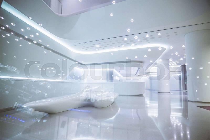 Modern shapes design reception area in an office block, stock photo