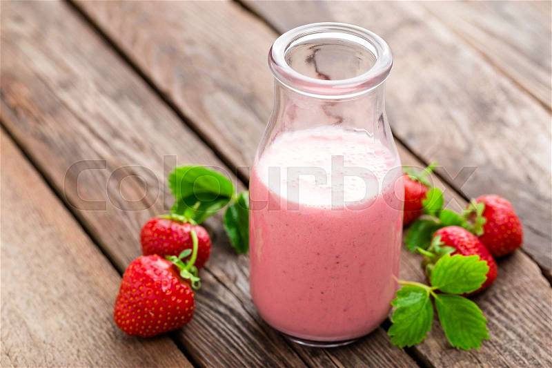 Strawberry yogurt with fresh berries, delicious drink, cocktail, stock photo