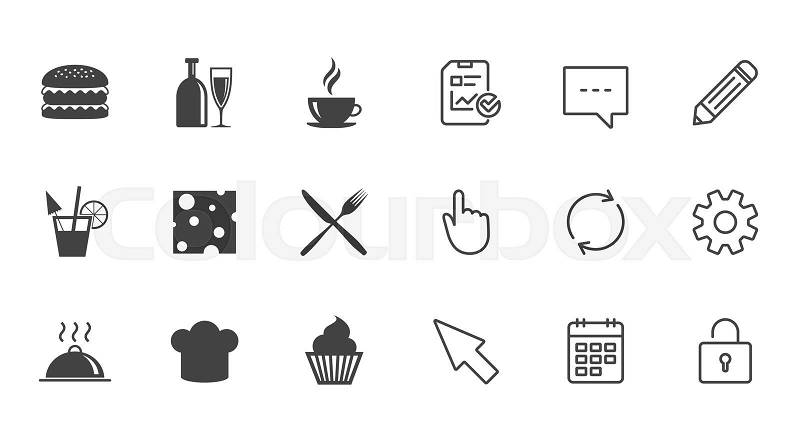 Food, drink icons. Coffee and hamburger signs. Cocktail, cheese and cupcake symbols. Chat, Report and Calendar line signs. Service, Pencil and Locker icons. Click, Rotation and Cursor. Vector, vector