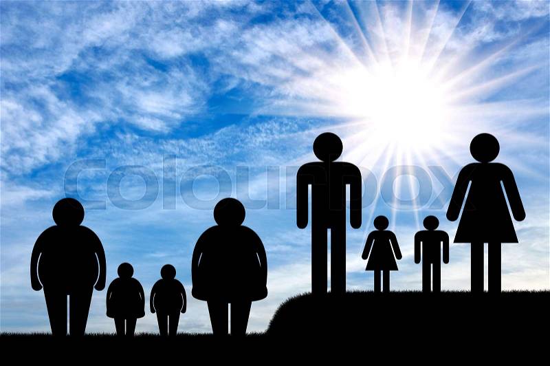 Obesity family concept. Fat family and a normal family, stock photo