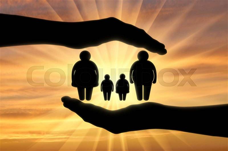 Help fat people. Fat family in the hands of man, stock photo