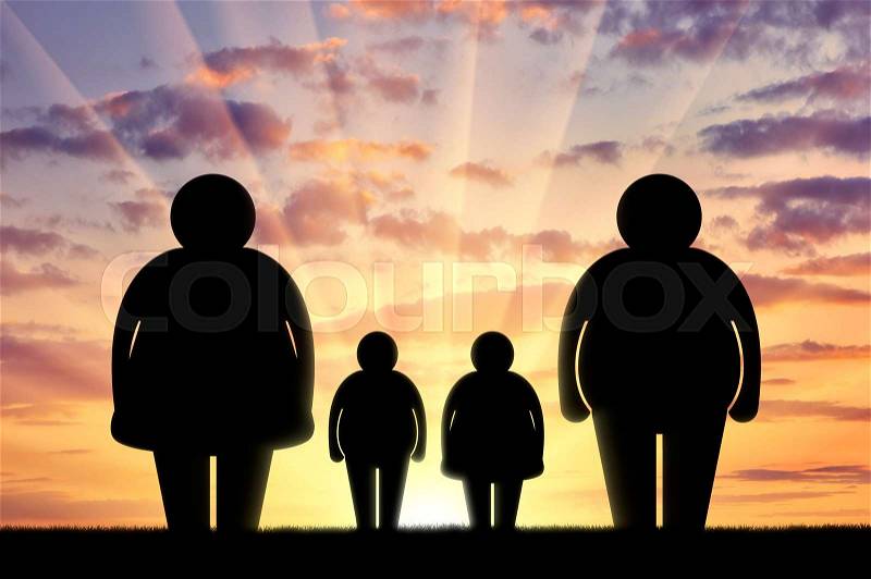 Obesity family concept. Fat family at sunset, stock photo