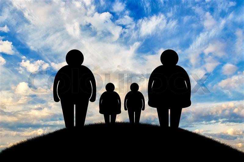 Obesity family concept. Fat family at sunset, stock photo