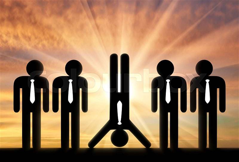 Stand out from the crowd concept. Man standing on hands stands out among ordinary people standing up, stock photo