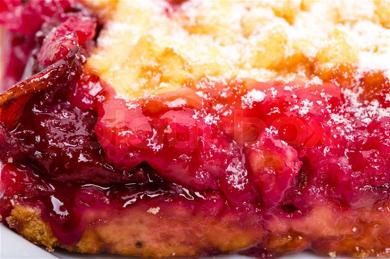 Delicious cherry pie with powdered sugar. Macro. Photo can be used as a whole background, stock photo