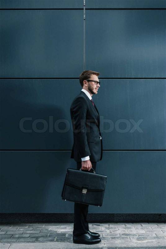 Side view of stylish businessman with briefcase smiling and looking away, stock photo