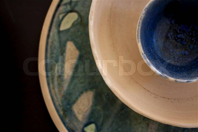 Colorful clay dishes top view cozy handmade, stock photo
